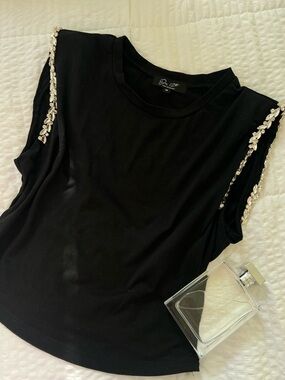 Black Embellished Shoulder Tee - Brushed Crystal Accent